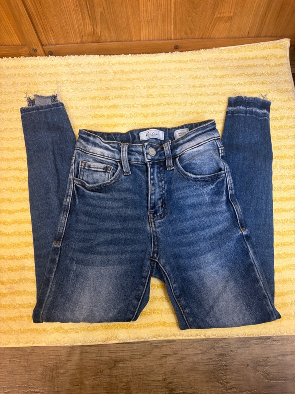 KanCan Medium-Dark Blue High-Rise Skinny Jeans with Raw Hem